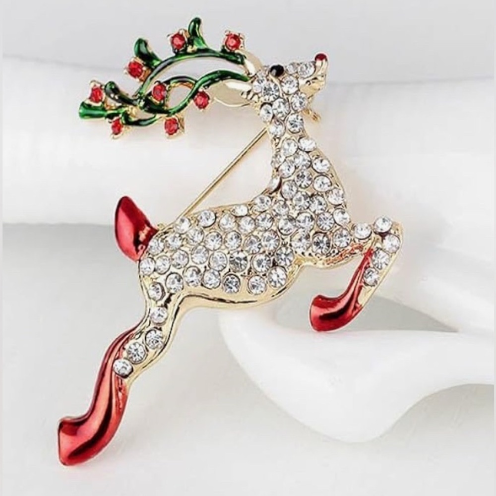 Rudolph the Red-Nosed Reindeer Brooch Cubic Zirconia Encrusted Holiday Pin 🦌 - Picture 6 of 12
